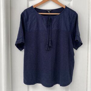 Hilary Radley - Navy Cotton Modal Boho Blouse XXL - Eyelet Detail Tassel Tie Top